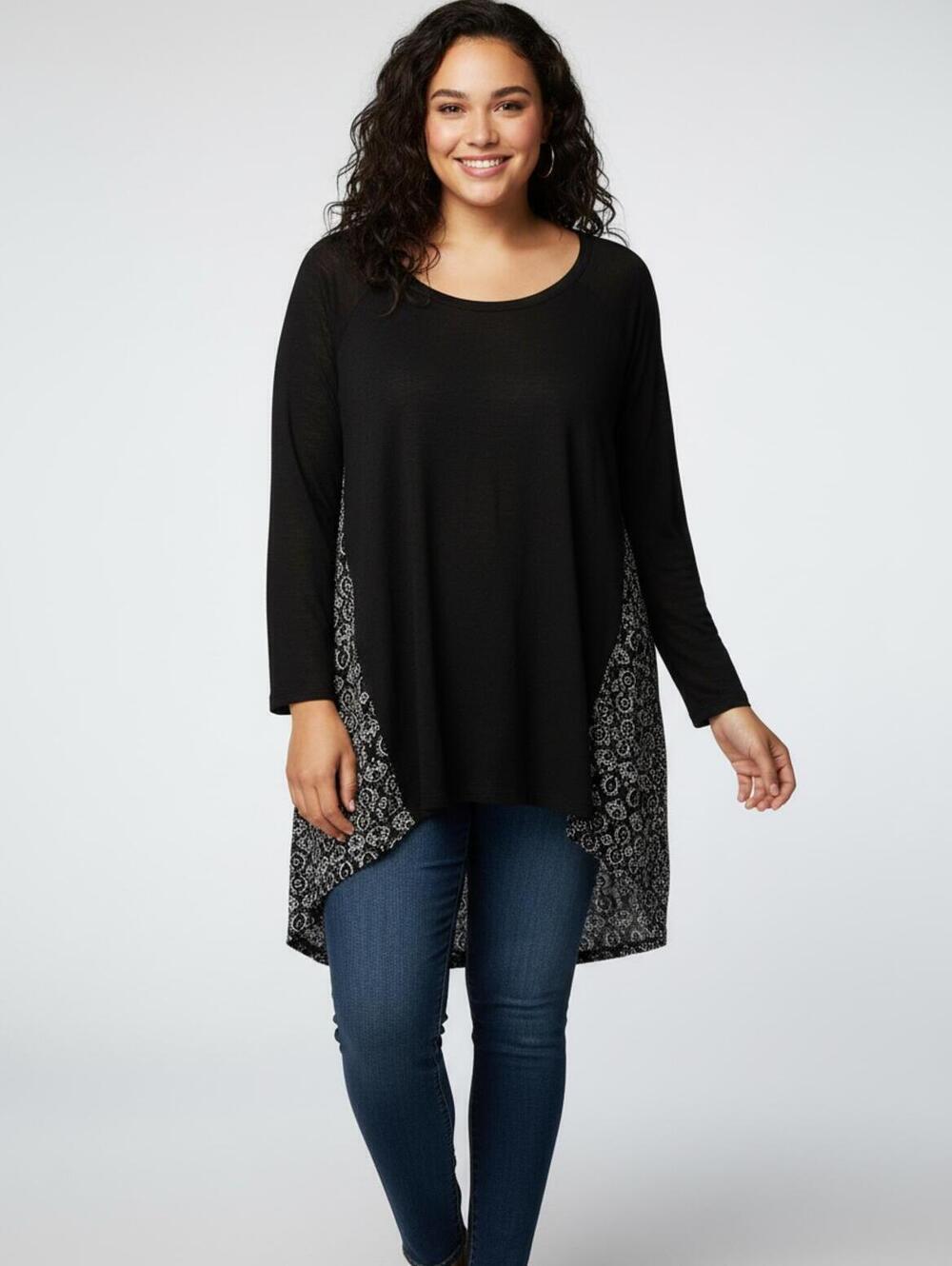 Black Long Sleeve Tunic with Patterned Side Panels - Picture 1 of 4